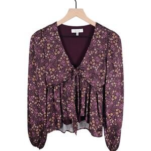 Louna Floral Satin Babydoll Blouse Size XS Burgundy Boho Y2K